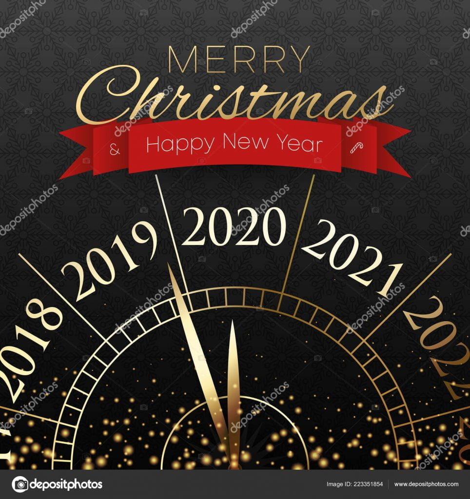 Merry Christmas And Happy New Year 2020 Card With Clock.